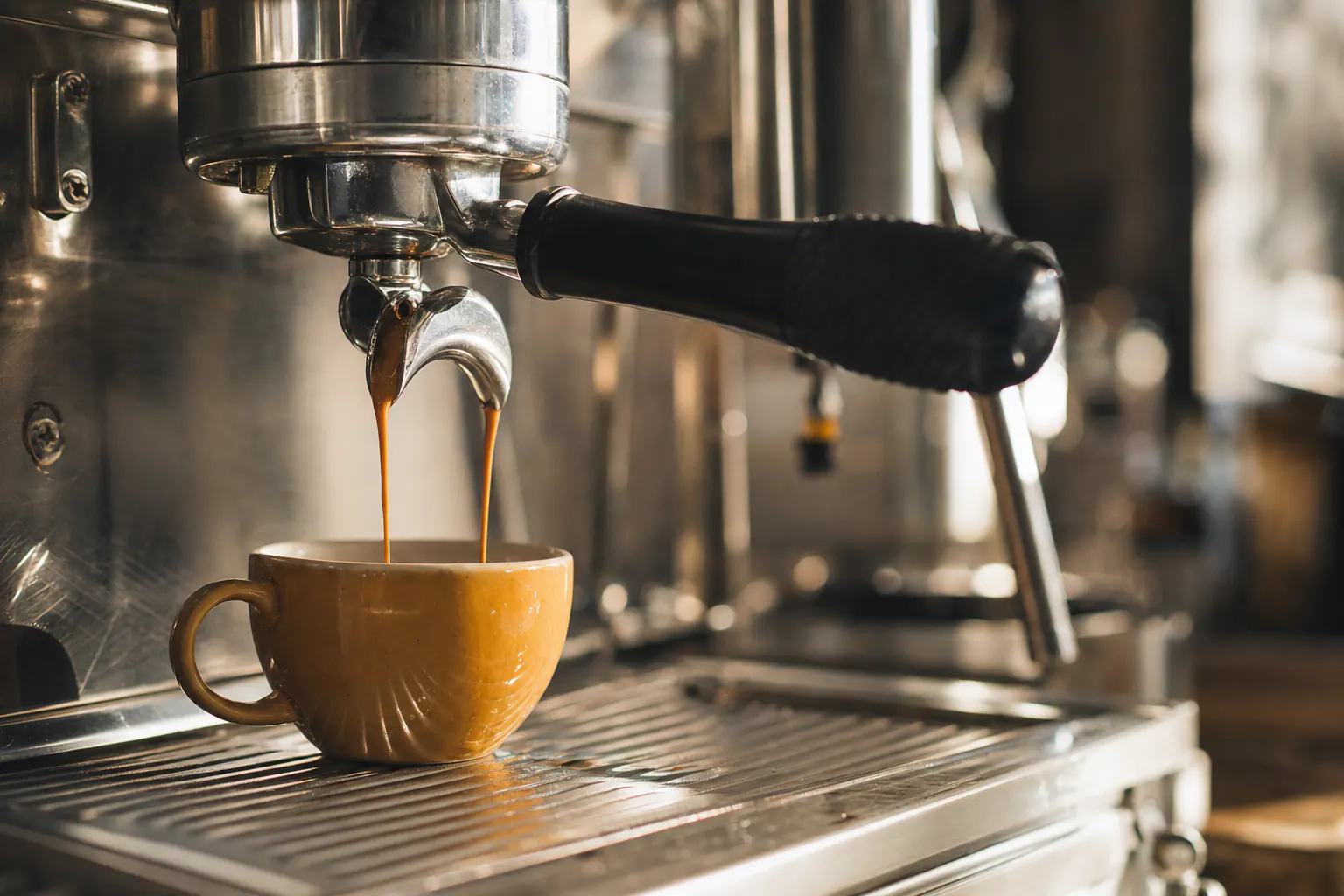Espresso brewing into a ceramic cup